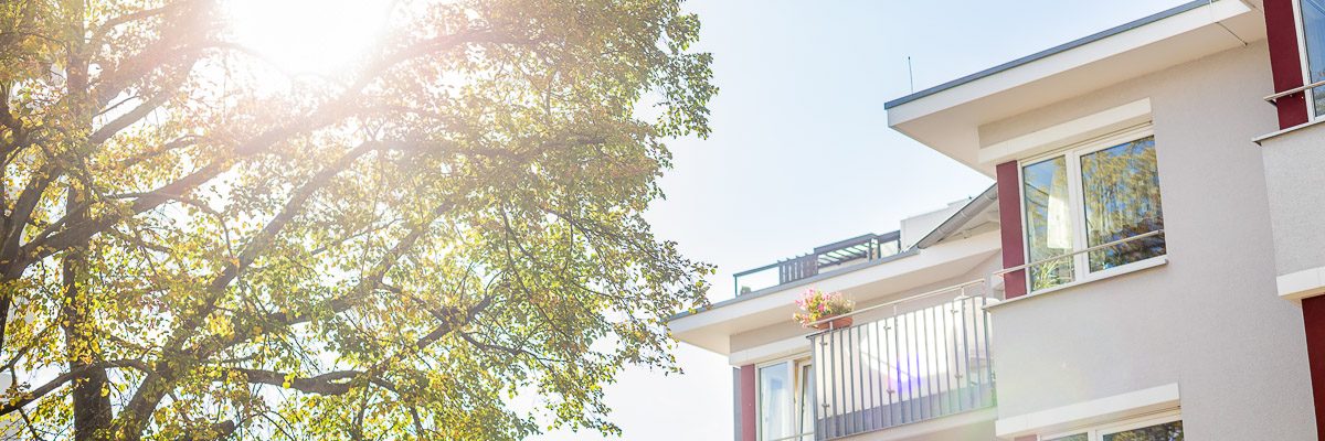 Sonniger Blick auf ein modernes Wohnhaus mit blumengeschmückten Balkonen. Sonnenlicht fällt durch die Äste der Bäume und verbreitet einen warmen Schein. Im Hintergrund sind nahe gelegene Gebäude vor einem klaren blauen Himmel zu sehen.